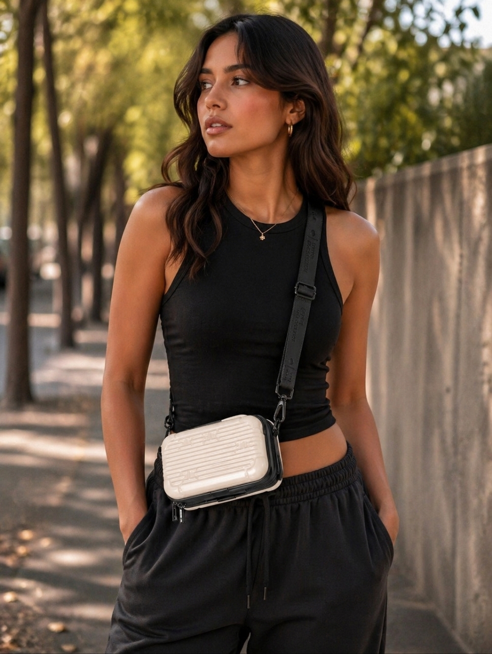 NWT - Hotel Collection Hard Shell Champaign Crossbody Bag with Black Strap
